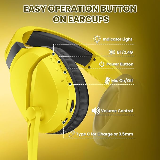 Wireless Gaming Headset with Noise Canceling Microphone for PS5, PC, PS4, 2.4G/Bluetooth Gaming Headphones with USB and Type-c Connector, Wired Mode for Controller - Yellow