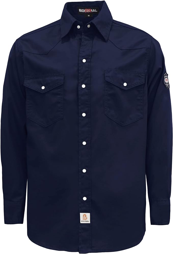 BOCOMAL FR Shirts Flame Resistant 100% C NFPA2112 7.5oz Men's Fire Retardant Welding Shirt