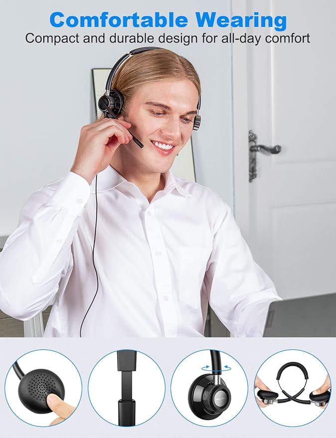 New bee USB Headset with Microphone for PC, Computer Headset with in-line Mute Volume Control Wired Headset for Laptop, Skype, Zoom, Call Center, Meetings, Webinar, Home