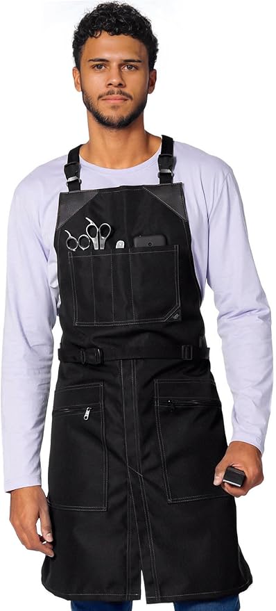 Under NY Sky Cross-Back Barber Black Apron – Heavy-Duty Nylon, Water and Chemical Resistant, Zipped Pockets, No-Tie, Split-Leg – Adjustable for Men, Women – Pro Hair Stylist, Salon, Colorist, Artist