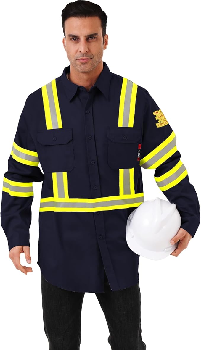 FR Shirts for Men 7oz High Visibility Fire Resistant Shirts NFPA CAT2 Welding Shirt 100% Cotton Hi Vis Flame Resistant Shirt Navy(Large)