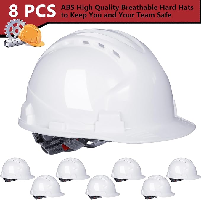 Leumoi 8 Pieces 4 Pt. Suspension Hard Hat Bulk Safety Helmets Adjustable Ratchet Hard Hats with Vents and Cotton Brow Pad ABS Construction Hardhats for Men Work Head Protection Supplies