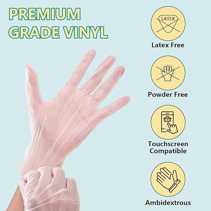 Disposable Vinyl Gloves, Latex-Free, Powder Free, Clear Plastic Gloves, for Cleaning, Cooking, Food Prep