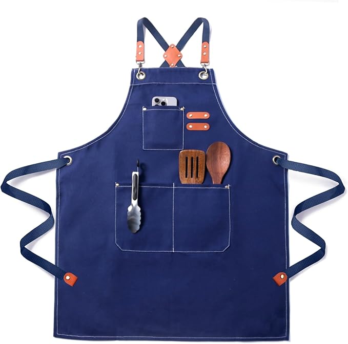 Chef Apron for Men Women with Pockets,Cross Back Cotton Canvas Plus Size Apron for Cooking BBQ Baking Gardening