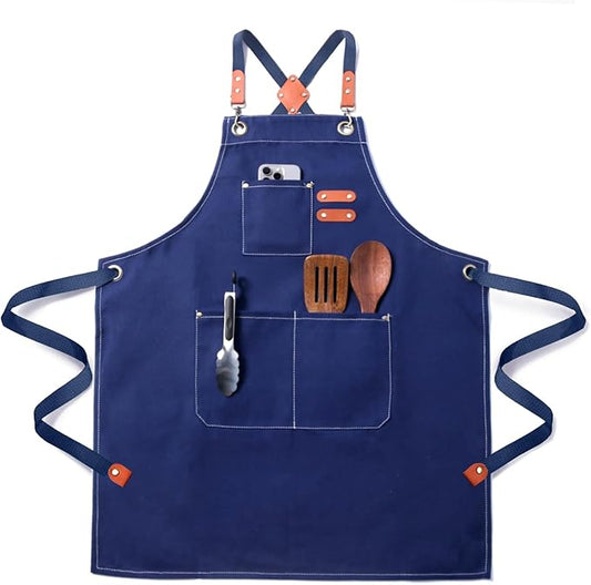 Chef Apron for Men Women with Pockets,Cross Back Cotton Canvas Plus Size Apron for Cooking BBQ Baking Gardening
