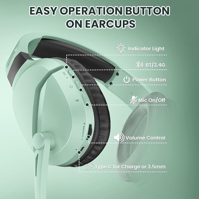 Wireless Gaming Headset with Noise Canceling Microphone for PS5, PC, PS4, 2.4G/Bluetooth Gaming Headphones with USB and Type-c Connector, Wired Mode for Controller (Green)