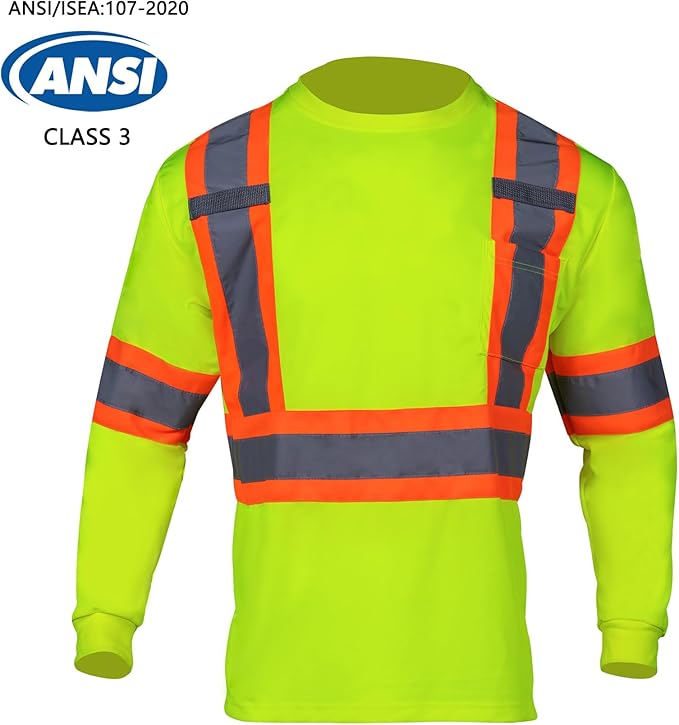 VENDACE Men's High Vis Safety Work T Shirt ANSI Class 3 Reflective Long Sleeve Shirt with Pocket(Yellow,3XL)