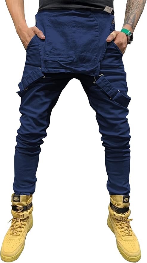 LONGBIDA Men's Denim Bib Overalls Fashion Slim Fit Jumpsuit with Pockets