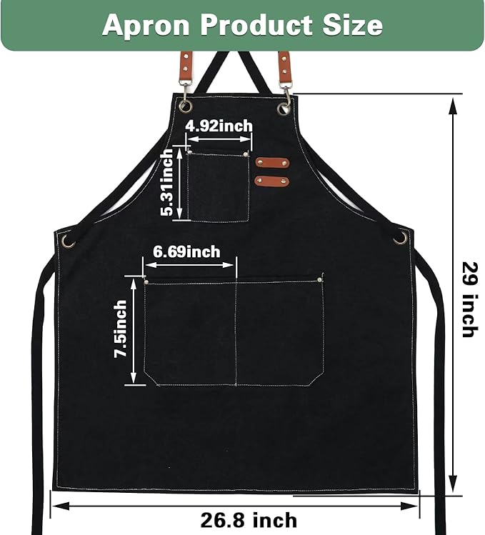 Chef Apron, Aprons for Men,Adjustable Strap Cotton Canvas Cross Back Apron for Kitchen Cooking Baking Bib Apron