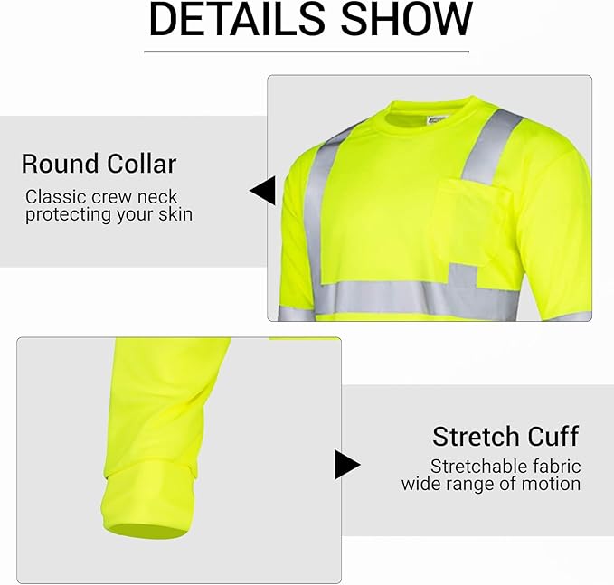 Hi Vis Class 3 Reflective Safety Shirt - Fluorescent Yellow for Construction, Road Work, Night Safety