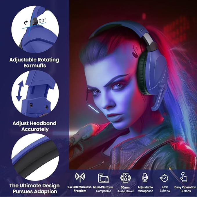 Wireless Gaming Headset with Noise Canceling Microphone for PS5, PC, PS4, 2.4G/Bluetooth Gaming Headphones with USB and Type-c Connector, Wired Mode for Controller - Navy Blue