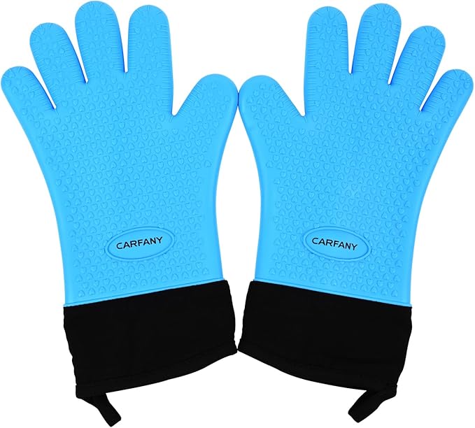 Heat Resistant Grilling Gloves for BBQ Silicone and Cotton Double-Layer Oven Mitts Waterproof Non-Slip Cooking Gloves (Blue)