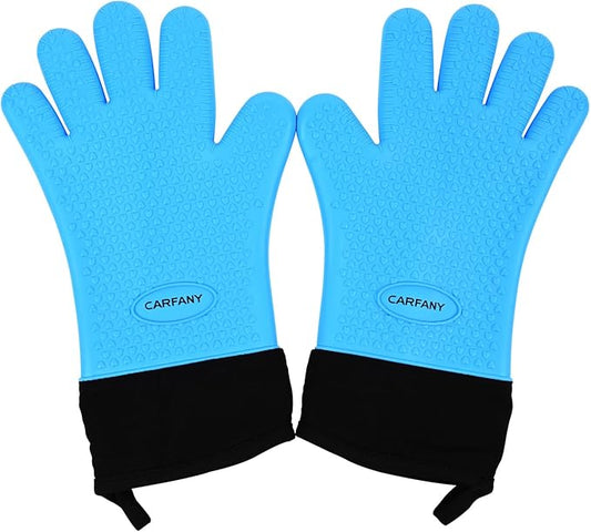 Heat Resistant Grilling Gloves for BBQ Silicone and Cotton Double-Layer Oven Mitts Waterproof Non-Slip Cooking Gloves (Blue)