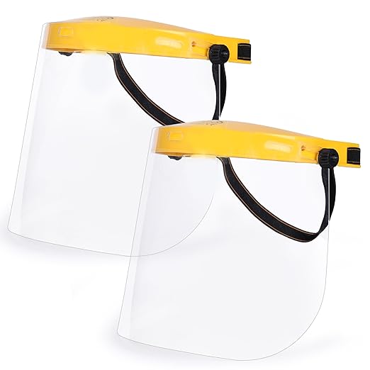 Clear Protective Face Shield Mask with Adjustable Elastic Headband, Polycarbonate Visor, Reusable & Lightweight Full Face Protection, Yellow (Pack of 2)