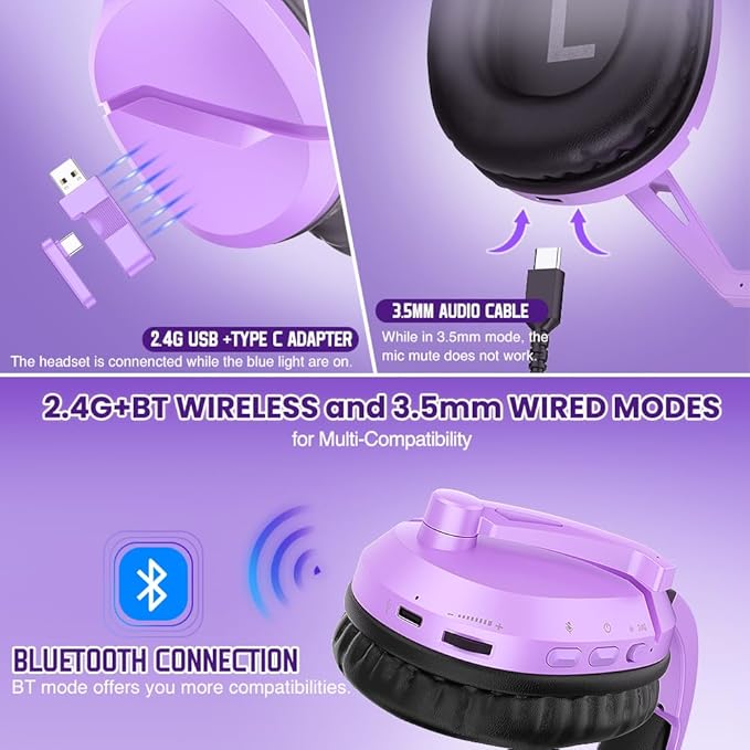 Wireless Gaming Headset with Noise Canceling Microphone for PS5, PC, PS4, 2.4G/Bluetooth Gaming Headphones with USB and Type-c Connector, Wired Mode for Controller (Purple)