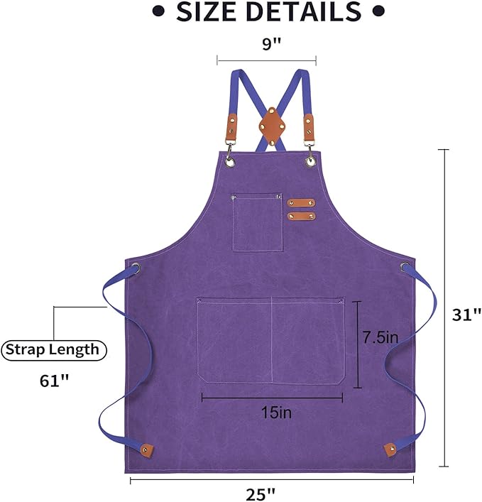 Chef Apron, Cotton Canvas Cross Back Apron with Pockets for Women and Men,Adjustable Strap and Large Pockets Apron,Kitchen Cooking Baking Bib Apron