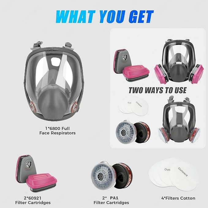 Full Face Respirator Mask with Filters - 6800 Gas Mask with 60921 & P-A-1 Activated Carbon Filter,Reusable Dust Mask Filter Against Gases/Dust/Organic Vapor,for Spray Paint/Sanding/Welding