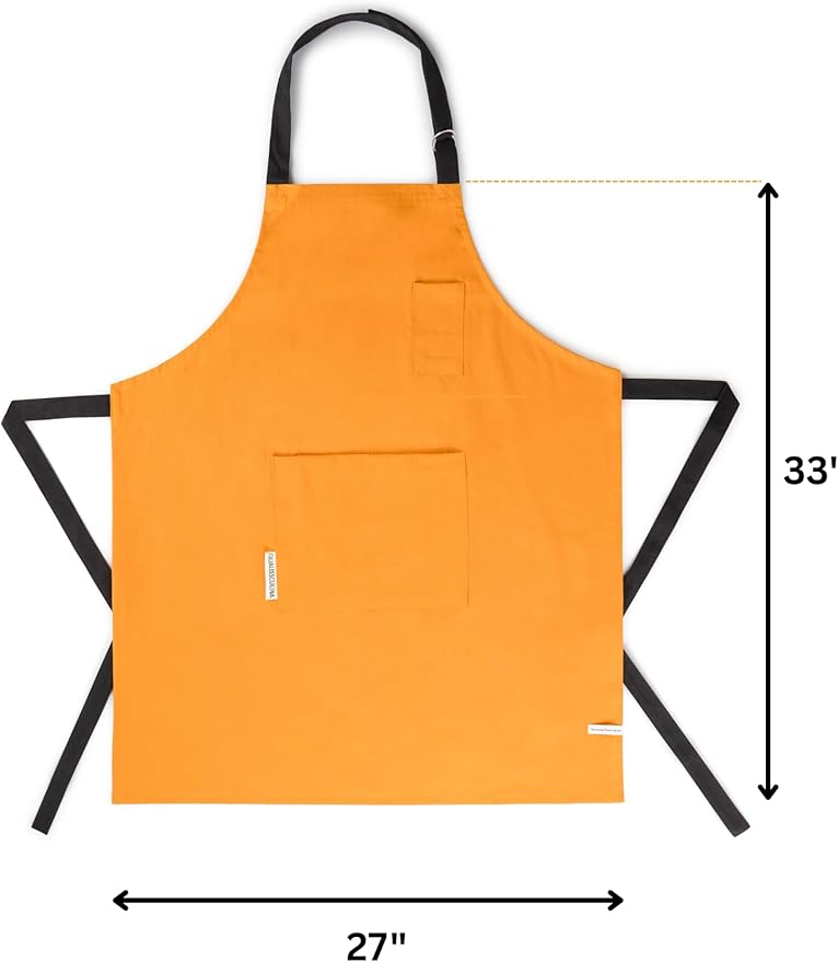 Cotton Canvas Apron for Women & Men – Adjustable Neck Strap & Waist Ties with Pockets – Kitchen, Cooking, Baking, Chef, BBQ, Grilling, Gardening – Durable 33x27 Inches – Orange with Black Straps