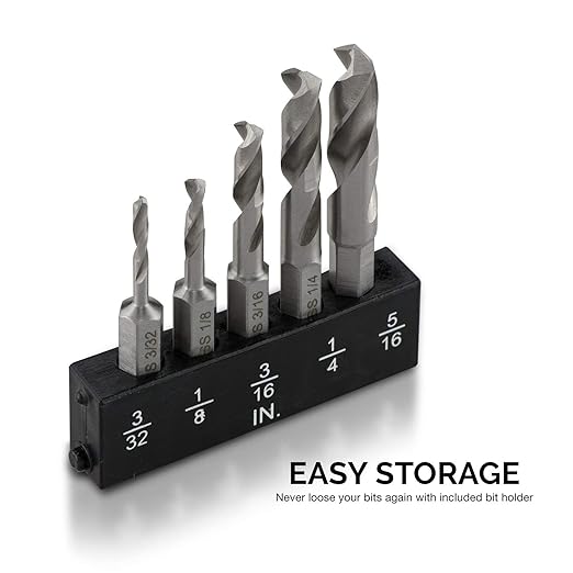 NEIKO 11402A Stubby Drill Bit Set for Metal, 5 Piece 1/4" Quick Change Hex Shank, M2 High Speed Steel for Quick Change, Chucks and Drives Drill Bit Holder Included, Hex Shank Drill Bit Set