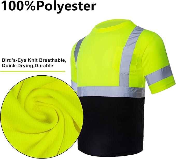 VENDACE Men's High Vis Class 3 Safety T Shirt ANSI Reflective Work Short Sleeve Shirt with Black Bottom(Yellow,3XL)