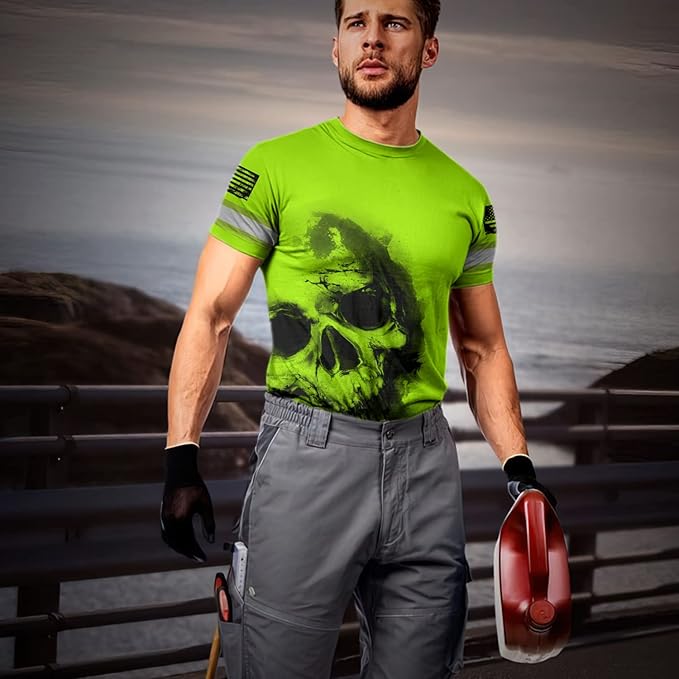 Matedecor Skull High Visibility Shirt Men Reflective Safety Shirts US Flag Custom Name Workwear, Runners, Walkers, Patriotic