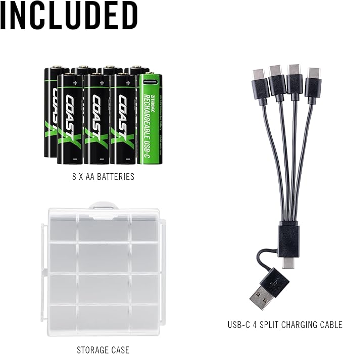 Coast AA USB-C Rechargeable Batteries, ZITHION-X, Lithium Ion 1.5v 2400 mAh, Long Lasting, Charges Under 2.5 Hours, Charging Cable Included, 8-Battery Pack