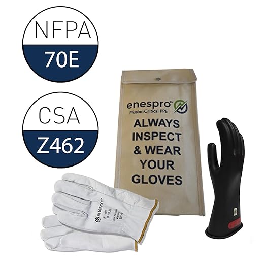 Class 0 Black Rubber Voltage Insulating Glove Kit with Leather Protectors, Max. Use Voltage 1,000V AC/ 1,500V DC, KITGC0B08