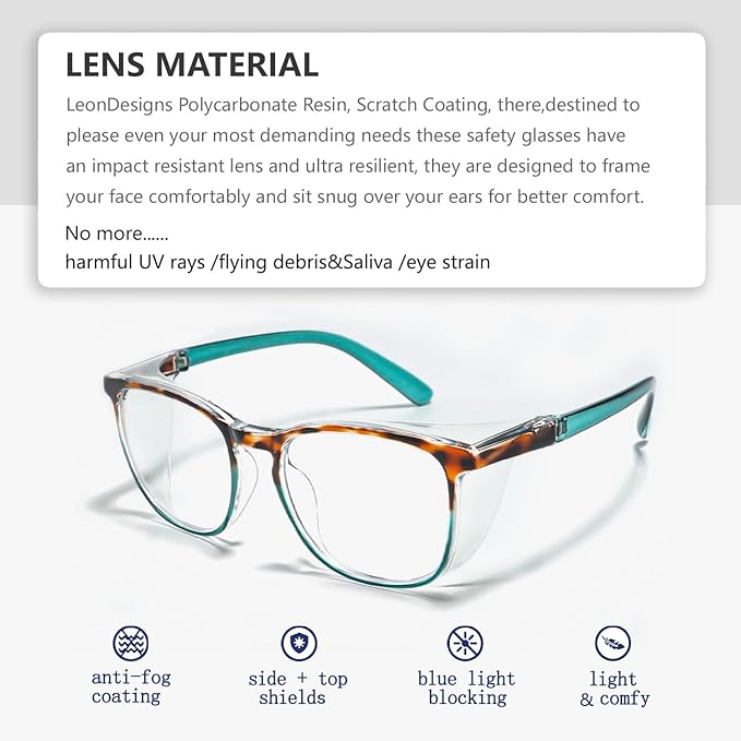 Safety Glasses Anti-Fog Goggles Z87.1 Blue Light Blocking Anti-Dust UV Protection Glasses For Men Women (Tortoise/Green)