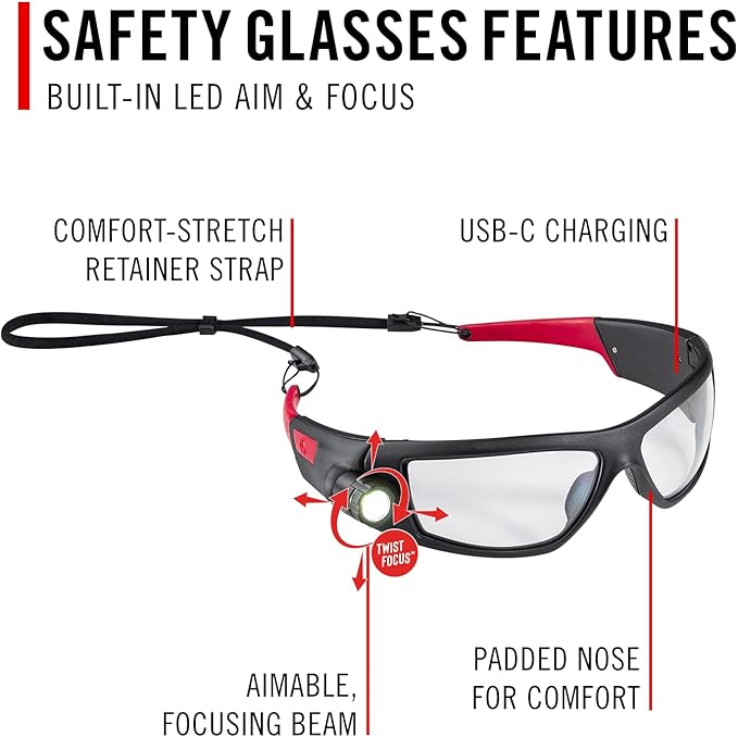 CoastSPG500 Rechargeable Lighted LED SafetyGlasses,Bulls-Eye Spot Beam,ANSI Z87Standards, 2Scratch Resistant Lenses (Clear,Yellow) Included, UVProtection, Protective Carrying Case Included (Black/Red)