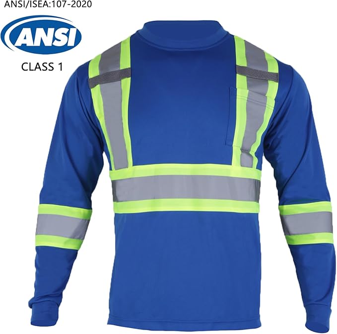 VENDACE Men's High Vis Safety Work T Shirt ANSI Class 2 Reflective Long Sleeve Shirt with Pocket(Royal Blue,2XL)