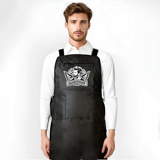 Barber Apron Hair Stylists Tools Apron Professional Waterproof Haircutting Apron with 3 Pockets, Barbershop Pattern