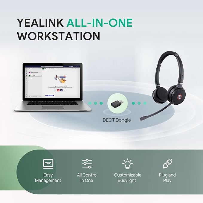 Yealink WH62 Portable Wireless Headset with DECT Dongle, 393 ft,Teams, Zoom Skype Certified, Office Work Headphones with 2X Noise Cancelling Mic, 13H Call Time, (Computer, Desk Phone)