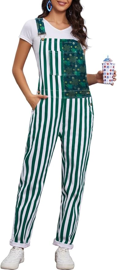 Bib Overalls for Men Adjustable Straps Jumpsuit Striped Women Coveralls with Pockets