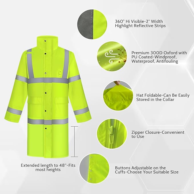 TCCFCCT Rain Gear Waterproof Hi Vis Jacket With Hood for Men, Heavy Duty Rain Suits, Long Safety Rain Coats for Women, Hiking Camping Outdoor Activities, XXL Yellow