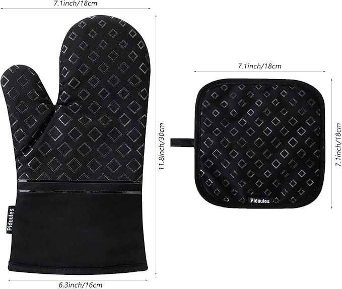 Set of 4 Oven Mitts and Pot Holders, 482 F Heat Resistant Hot Plate Moving Non-Slip Gloves for BBQ, Grill, Baking, Cooking, Oven, Microwave (Black)