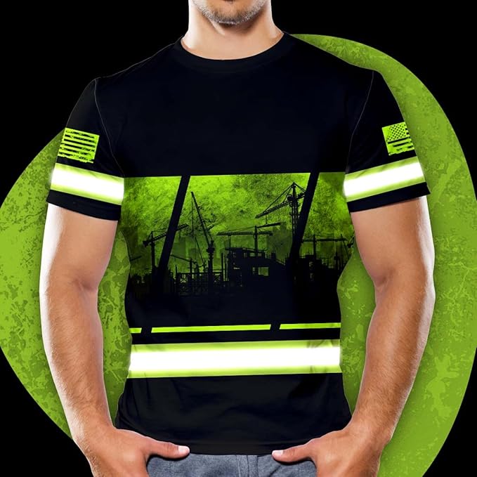 Matedecor Skull High Visibility Shirt Men Reflective Safety Shirts US Flag Custom Name Workwear, Runners, Walkers, Patriotic