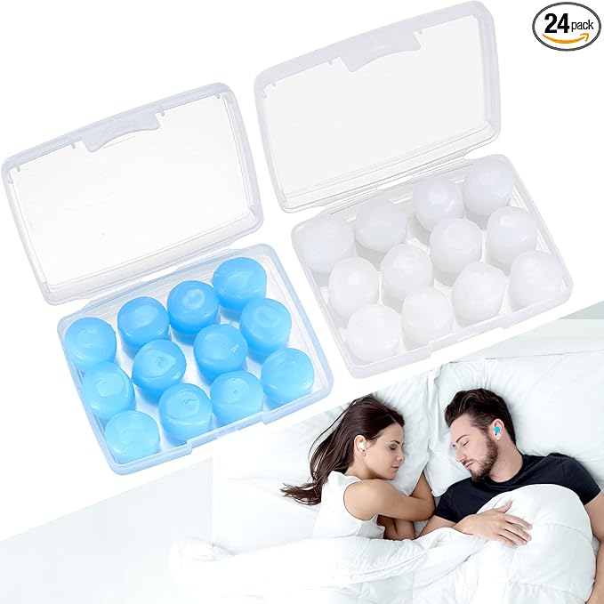 24 Pcs Silicone Ear Plugs for Sleeping, Soft Silicone Earplugs for Sleep, Noise Cancelling Reduction Earplugs for Swimming, Travel, Snoring, Concerts, Airplane, Motorcycle, Musicians, Blue/Clear