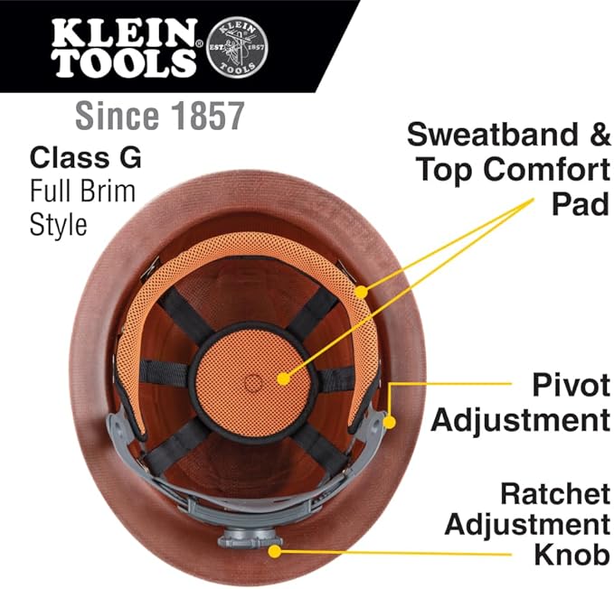 Klein Tools 60452 Hard Hat, Full Brim, Class G KONSTRUCT Series Hard Hat, Sweat-Wicking Sweatband, Top Pad, Brown
