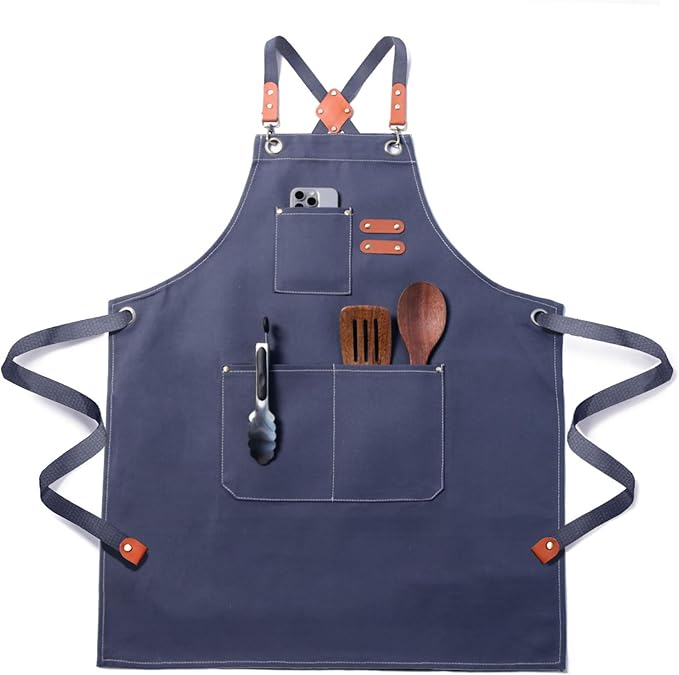 Chef Apron for Men Women with Pockets,Cross Back Cotton Canvas Plus Size Apron for Cooking BBQ Baking Gardening