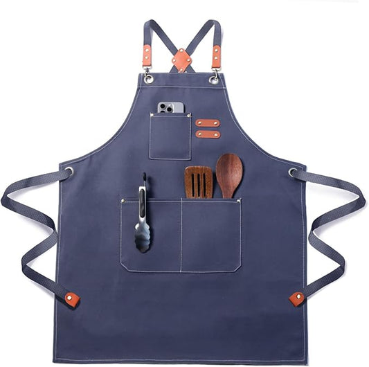 Chef Apron for Men Women with Pockets,Cross Back Cotton Canvas Plus Size Apron for Cooking BBQ Baking Gardening