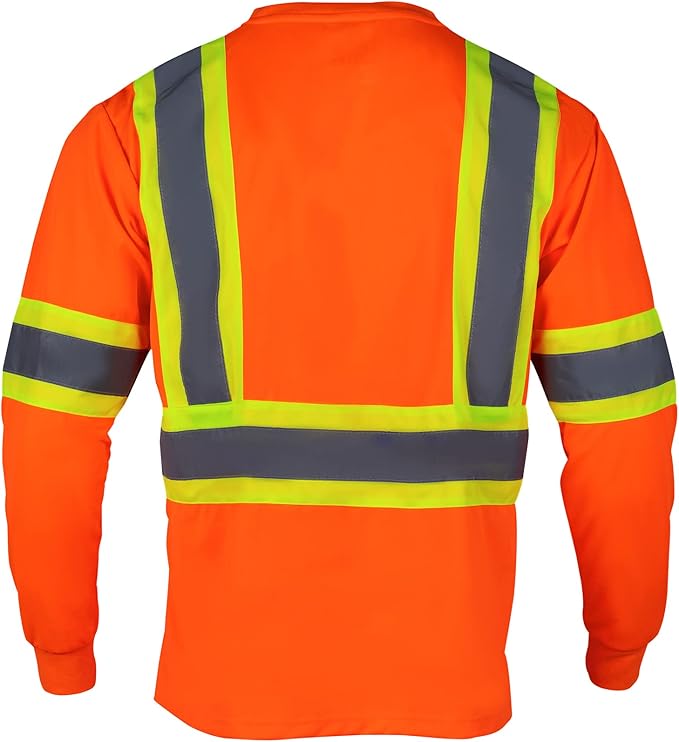 VENDACE Men's High Vis Safety Work T Shirt ANSI Class 3 Reflective Long Sleeve Shirt with Pocket(Orange,3XL)