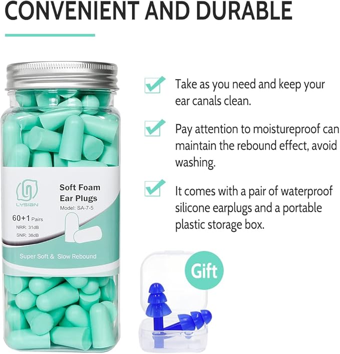 LYSIAN Ultra Soft Foam Earplugs for Sleep - 38dB Sleeping Ear Plugs Noise Cancelling, Reduction, Soud Proof, Work, Travel and Shooting Range -60 Pairs Value Pack(Water Blue)