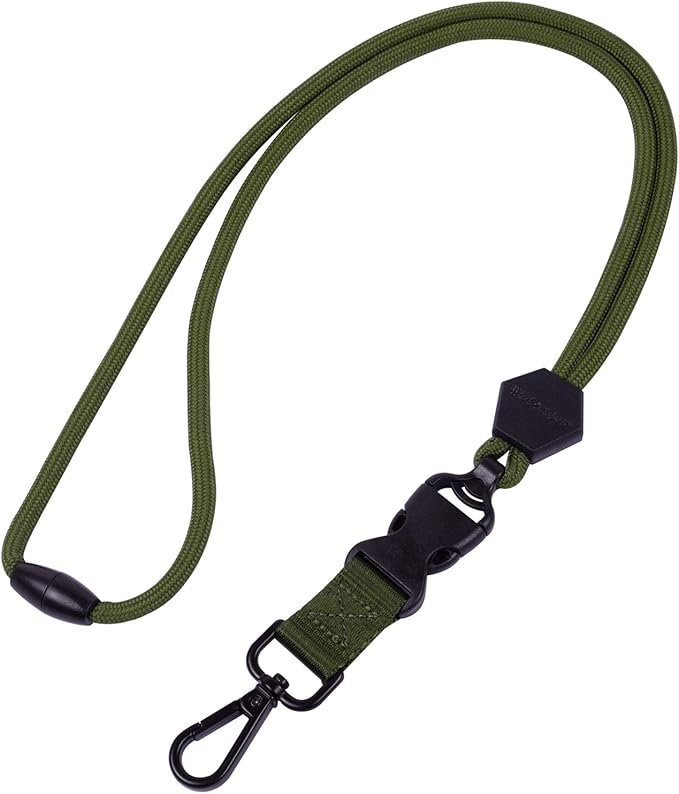 Wisdompro 2 Pack of 23 inch Durable Round Cord Heavy Duty Lanyard with Safety Breakaway Buckle, Detachable Buckle and Metal Hook for ID Card Badge Holder and Keys - Black and Army Green