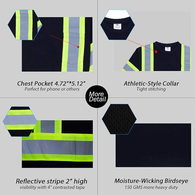 VENDACE Men's High Vis Class 2 Safety T Shirt ANSI Reflective Work Short Sleeve Shirt with Black Bottom(Black,M)