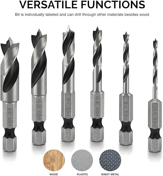 NEIKO 11401A 6 Piece Brad Point Drill Bit Set, Stubby Drill Bit Set for Wood, 1/4" Quick Change Hex Shank, HSS 4241 High Speed Steel for Quick Change Chucks and Drives, Drill Bit Holder Included