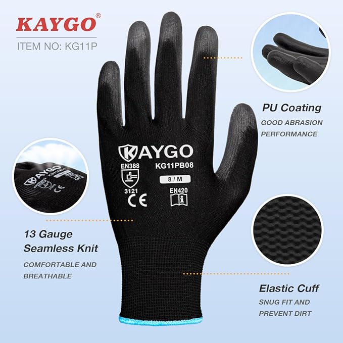 KAYGO Safety Work Gloves PU Coated, 60 Pairs KG11PB Seamless Knit Glove for Men and Women, with Smooth Grip on Palm and Fingers, Ideal for General Duty Work (X-Large, Black)