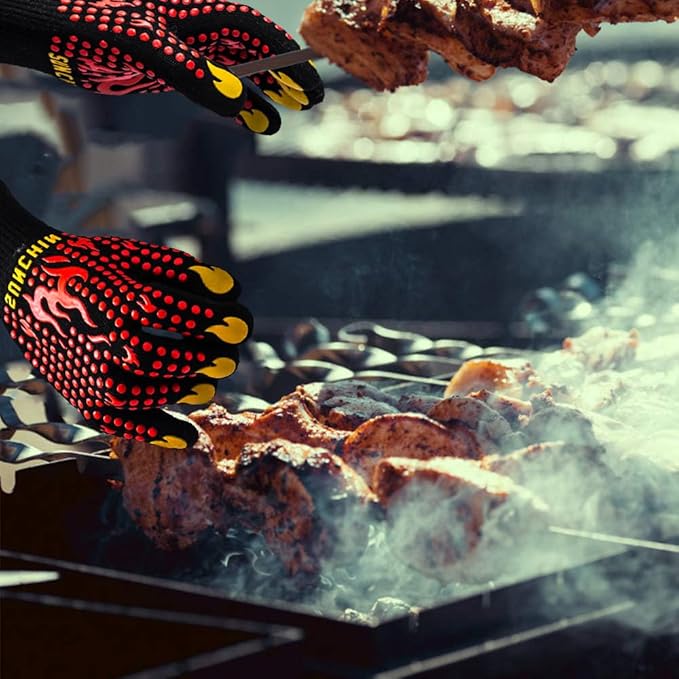 BBQ Fireproof Gloves, Grill Cut-Resistant 1472°F Heat Resistant Gloves, Non-Slip Silicone Oven Gloves, Kitchen Safe Cooking Gloves for Oven Mitts,Barbecue,Cooking, Frying,13 Inch 2pc