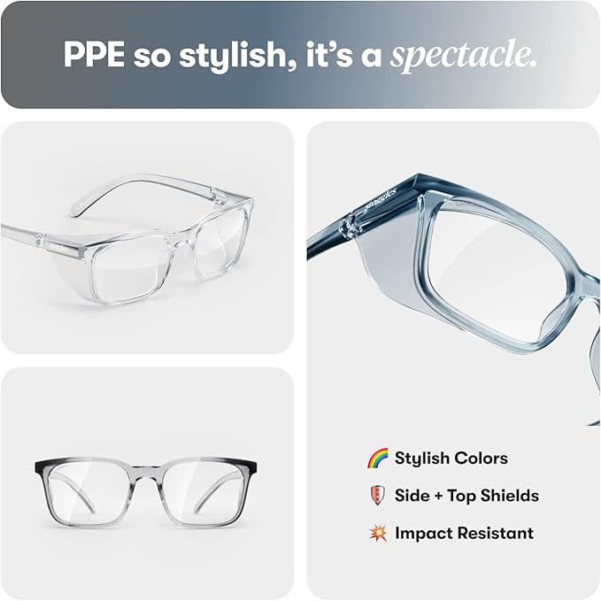 Stoggles Rectangle Z87.1 Certified Safety Glasses, Blue-Light, UV Blocking Lens, Top & Side Shield, Anti-Fog, Stylish Eyewear