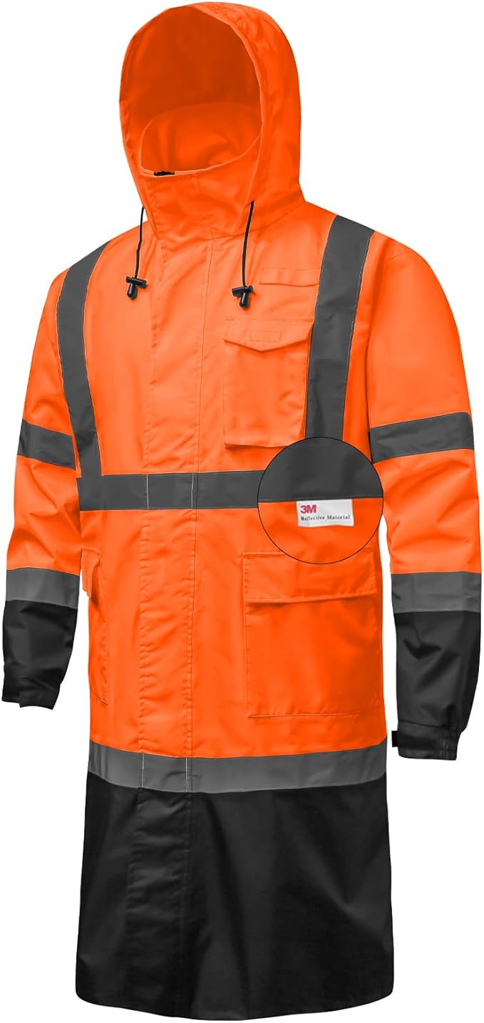 Hi Vis Rain Jacket with 3M Reflective Stripe,High Visibility Class 3 Rain coats,Safety Waterproof Rain Suits for Men with Hood and 2 Large Pockets construction work rain gear(Orange S)