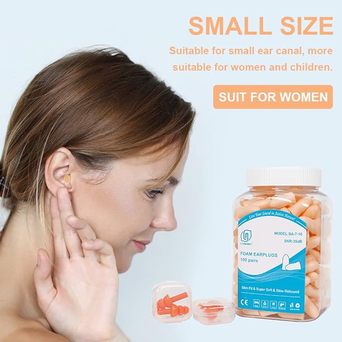 LYSIAN Foam Ear Plugs for Sleeping Small Ear Canals Women, Kids-35dB SNR Noise Canceling Sleep Earplugs for Snoring, Work, Shooting, Studying, Flesh Color-100 Pairs
